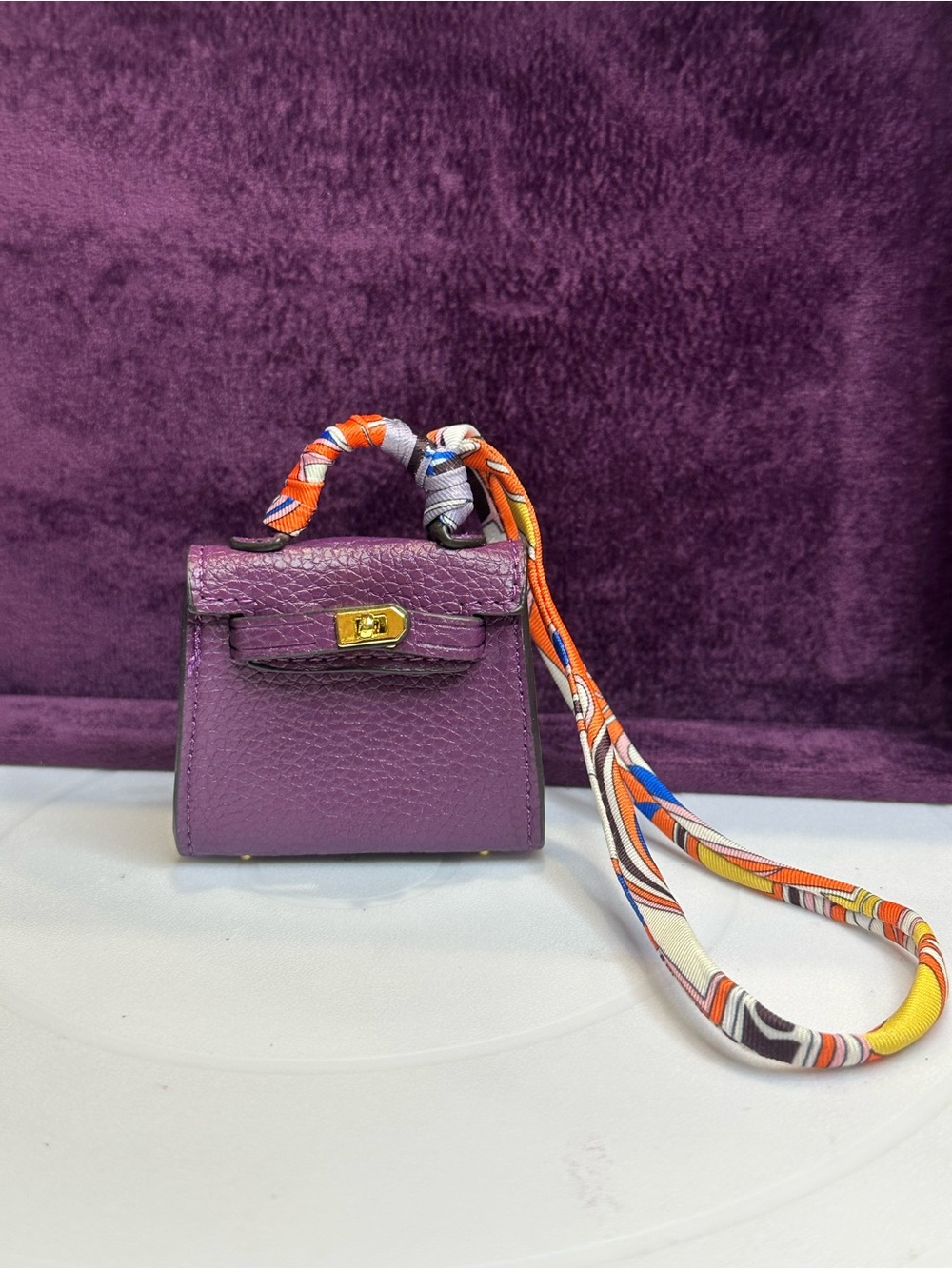 Mini Purple Pebbled Structured Bag Charm Gold Hardware w/ Twilly Scarf